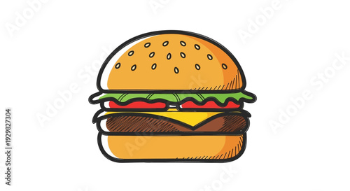 Illustration of a Cheeseburger with Lettuce and Tomato.
