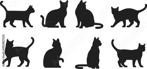 Collection of black cat silhouettes in various natural poses, sitting, walking, and looking back, cad drawing flat vector illustration, isolated.