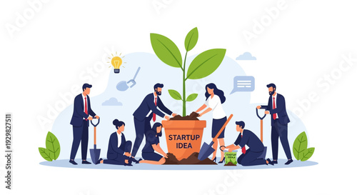 A diverse team of business professionals collaborates to plant a seedling representing a startup idea in a pot, symbolizing growth and new ventures.