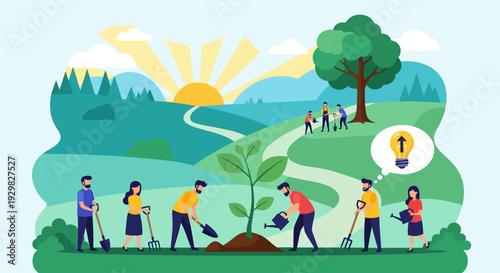 A diverse group of people working together to plant trees and nurture nature in a beautiful, sunlit landscape.