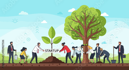 Diverse team of people working together to plant and nurture a young startup tree, symbolizing growth and collaboration in business.