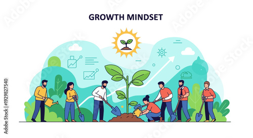 A diverse group of people working together to plant a seedling, symbolizing the growth mindset and collaborative effort towards development.