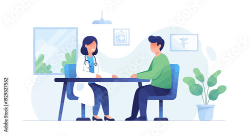 Female doctor consulting with a male patient in a modern clinic office, medical consultation illustration.