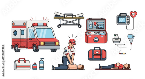 Paramedics providing emergency medical assistance and CPR to a patient near an ambulance.