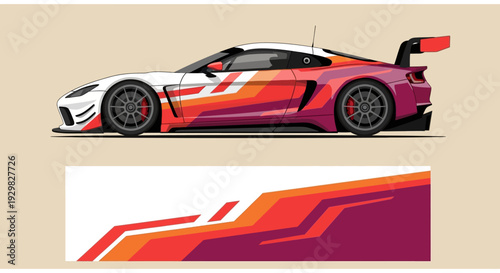 Sleek red race car on a beige backdrop with bold orange graphic shapes and dynamic design elements.