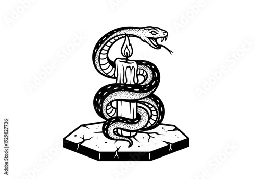 Mysterious Snake Coiled Around Burning Candle on Stone Pedestal.