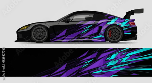 Sleek purple and blue graphic sports car in side profile with aerodynamic design.