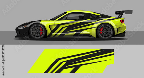 High-contrast neon yellow race car with bold black graphics and aerodynamic design on studio backdrop.