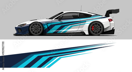 Sleek blue striped sportscar shown in side profile with dynamic graphics and racing design.