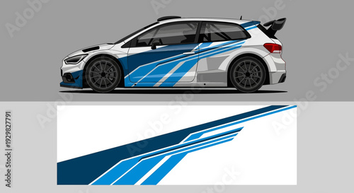 Sleek blue race car with dynamic graphics and aerodynamic design.
