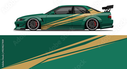 Illustration of a green and gold racecar with bold stripes, spoiler, and aerodynamic design.