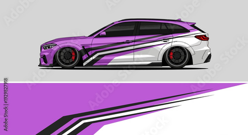 Sleek purple sports car with dynamic white and black racing graphics and aerodynamic profile.