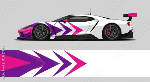 Colorful racing sports car with magenta and white graphics on track, featuring bold chevrons and dynamic design.