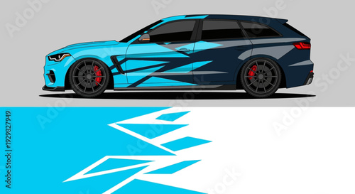 Blue sports car with graphic racing design and aerodynamic features on a street track.