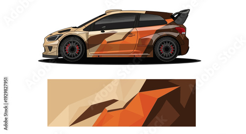 Dynamic orange illustrated sports car with geometric decals in bold profile design.