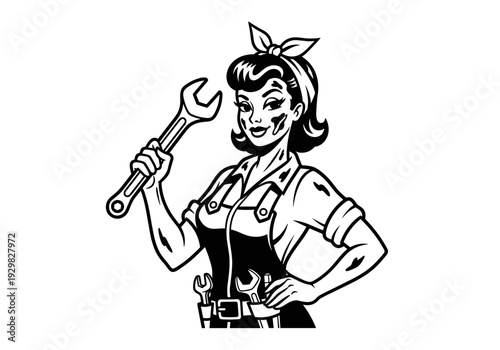 Retro Woman Mechanic Holding Wrench Confidently.