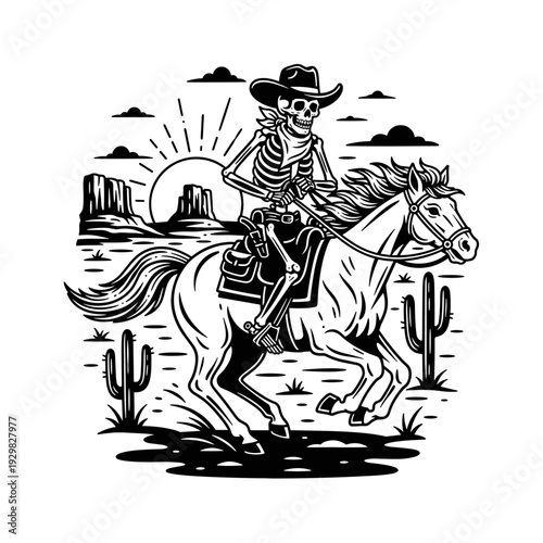 Skeleton Cowboy Riding Horse in Desert Landscape.