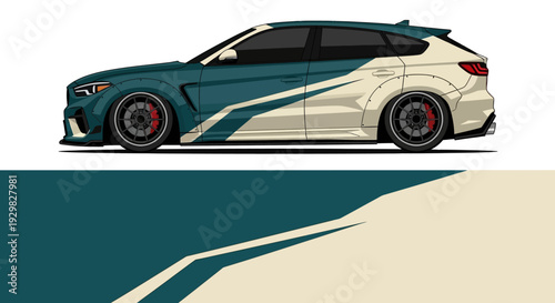 Stylized side view of a teal and cream sport car with sleek lines and dynamic design.