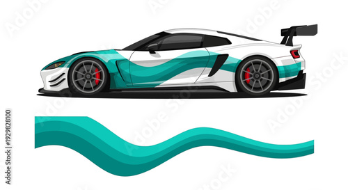 Striking teal and white sports car with flowing wave graphic accent against a dark backdrop.