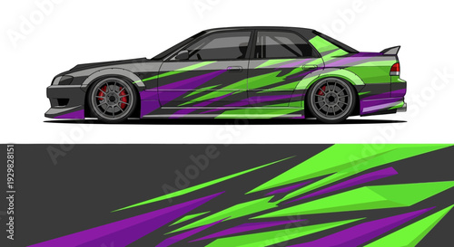 Dynamic neon graffiti styled sports car illustration with bold colors.