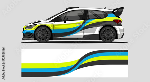 Colorful racing hatchback with blue, yellow, and green wave wrap and dynamic stripes.