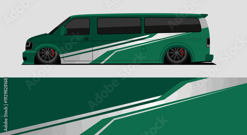 Custom green van with bold white graphic stripes and sleek side decals.