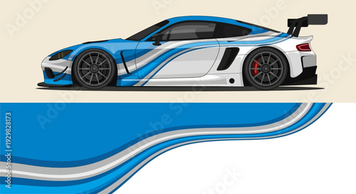 Sleek blue race car with aerodynamic design and rear wing on smooth gradient background.