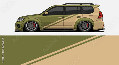 Side view of a camouflaged hatchback parked on a road with earthy tones.