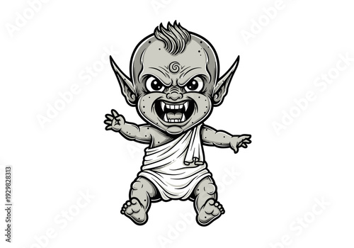 Fierce Baby Demon Character with Third Eye and Fangs.