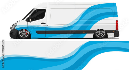 White delivery van with blue wave graphics on side and flowing stripes design.