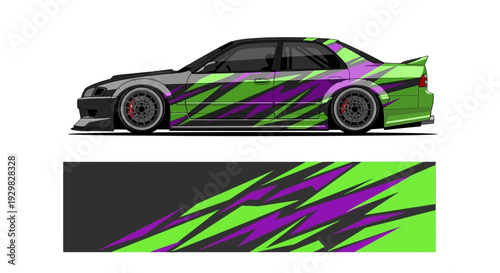 Sleek race car with bold neon green and purple graphic livery on dark backdrop.