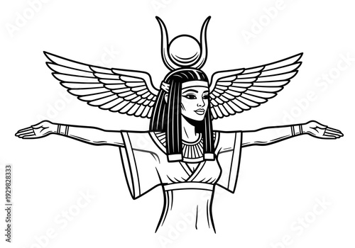 Ancient Egyptian Goddess Isis with Wings and Sun Disk Headdress.