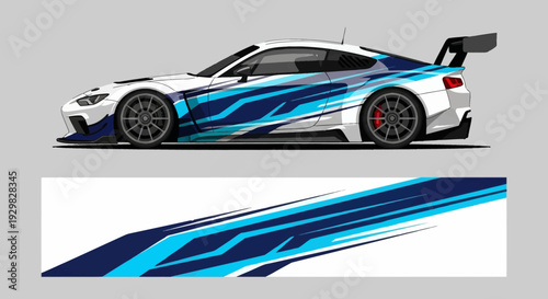 Sleek blue and white race car with dynamic graphic design and aerodynamic features on a sleek body and spoiler.