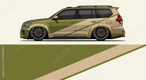 Sleek olive-toned hatchback with custom graphics shown in a side profile on geometric backdrop.