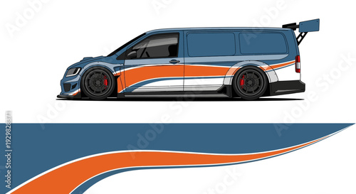 Modern white van with blue and orange racing stripes, presented against a plain background.