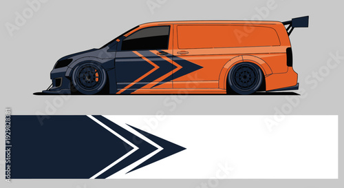 Sleek orange racing car with blue stripe viewed in profile on gray background.