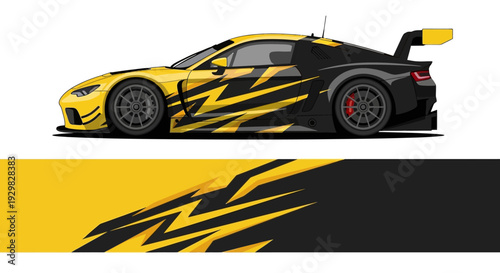 Sleek yellow and black race car with bold graphic livery and aggressive stance.