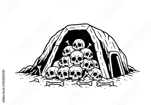 Pile of Skulls and Bones in a Cave Entrance.
