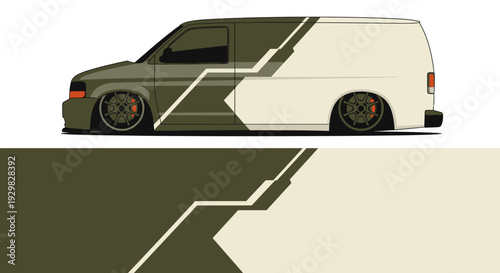 Stylized beige and brown van with geometric design and sharp lines across a minimalist side profile.