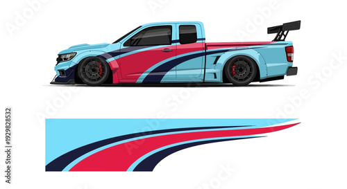 Colorful Racing Car with Dynamic Blue and Pink Design and Sleek Aerodynamic Details.
