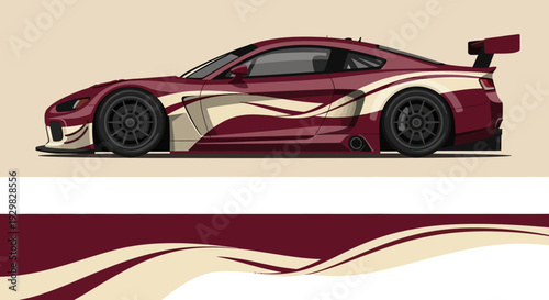Sleek maroon and gold racecar illustration featuring flowing lines and aerodynamic design.