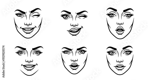 Set of Six Different Female Face Expressions Line Art.