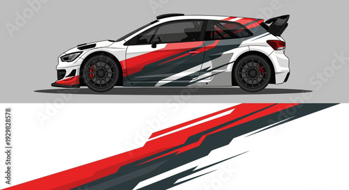 High-speed race car in bold red, blue, and black livery with dynamic stripes and side profile.