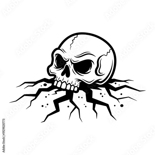 Creepy Skull Emerging from Cracked Earth with Roots.