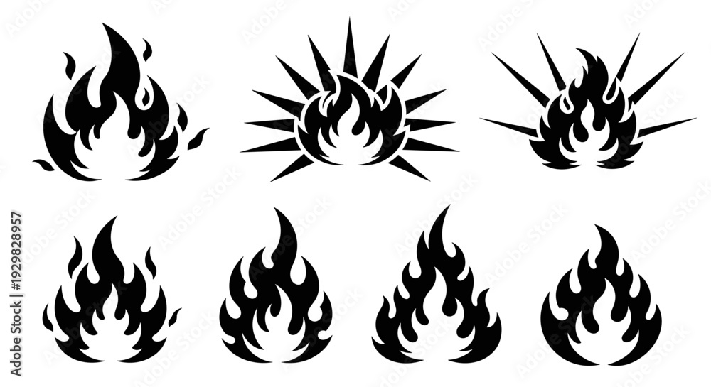Naklejka premium Set of stylized flame icons in black and white.