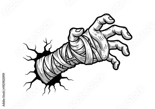 Mummy Hand Breaking Through Wall Illustration.