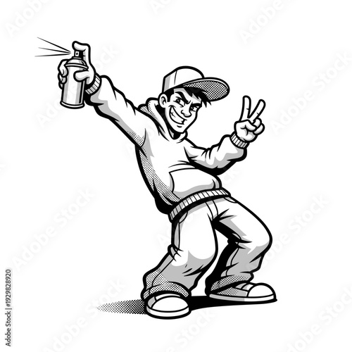 Graffiti Artist Spray Painting and Making Peace Sign.