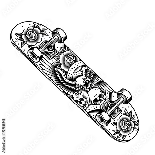 Skateboard with Eagle Skulls and Roses Tattoo Design.