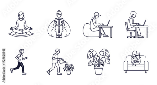 people relaxing and working from home or office spaces