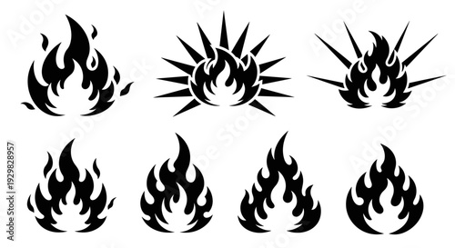 Set of stylized flame icons in black and white.